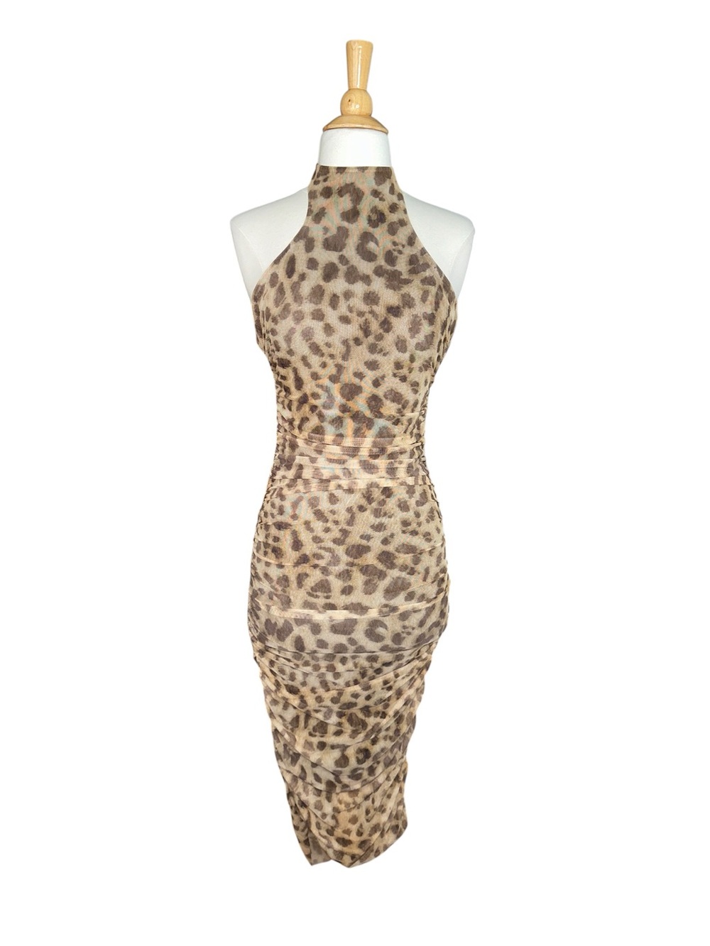 ZARA Leopard Print Mesh Ruched Halter Midi Dress |Open Back Bodycon Y2K Party XS